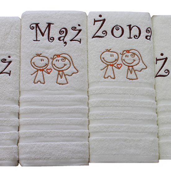 Komplet ręczników z haftem - Mąż i Żona - ecru